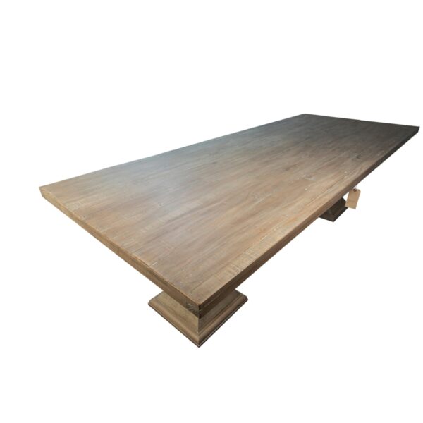 106" light brown dining table, overhead view