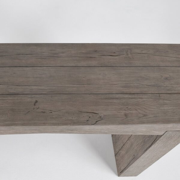 Reclaimed oak wood console table, view of the top