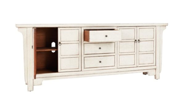 antique white sideboard with doors and drawers, open