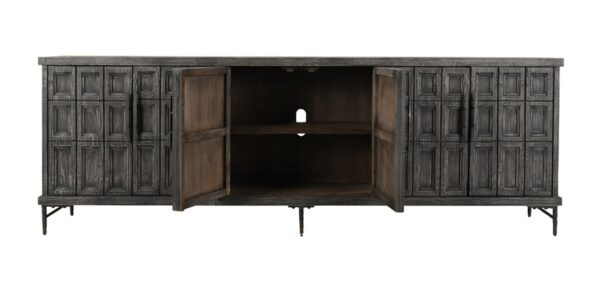 Large sideboard with panel doors in charcoal finish, open