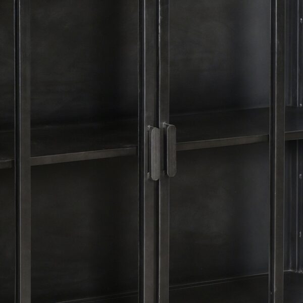 Large black iron cabinet with glass doors and iron shelves, detail