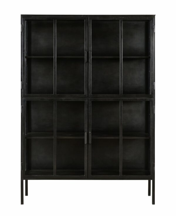 Large black iron cabinet with glass doors and iron shelves, front view