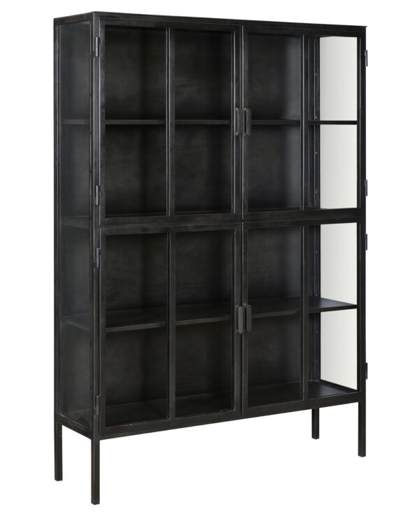 Large black iron cabinet with glass doors and iron shelves