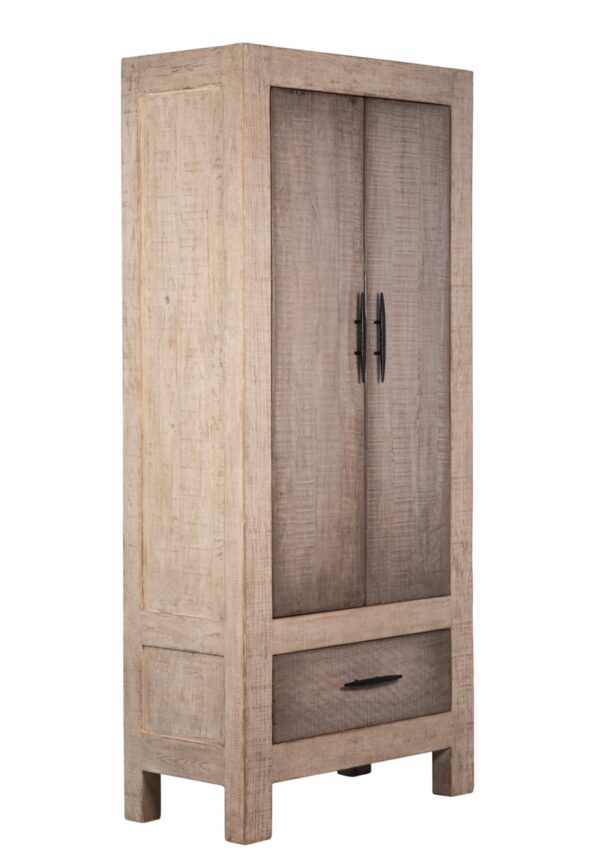 Tall wardrobe cabinet with 2 doors and bottom drawer, profile view