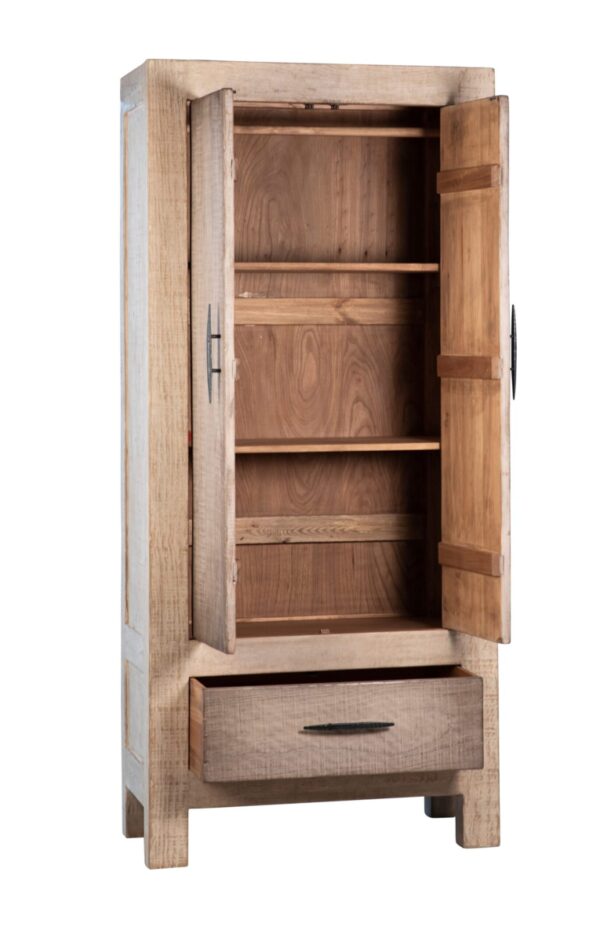 Tall wardrobe cabinet with 2 doors and bottom drawer, interior