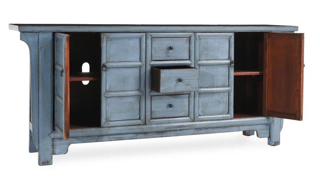 Antique blue, Asian style sideboard with doors and drawers, open