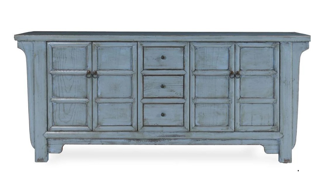 Antique blue, Asian style sideboard with doors and drawers, front