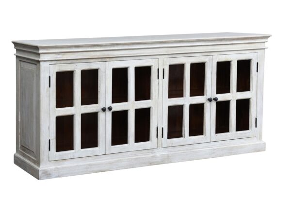 Whitewash sideboard cabinet with 4 glass panel doors