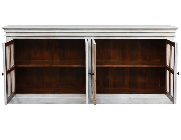Whitewash sideboard cabinet with 4 glass panel doors, open