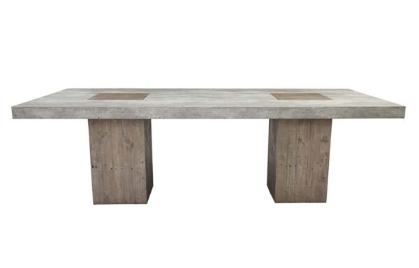 Reclaimed pine and concrete laminate dining table, front view