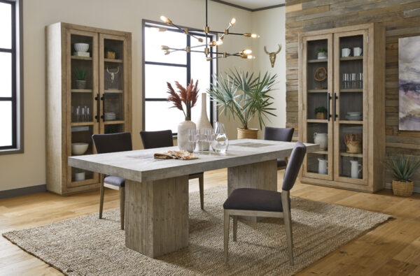 Reclaimed pine and concrete laminate dining table, shown in dining room