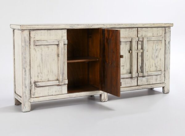 Rustic white sideboard cabinet with 4 doors, interior
