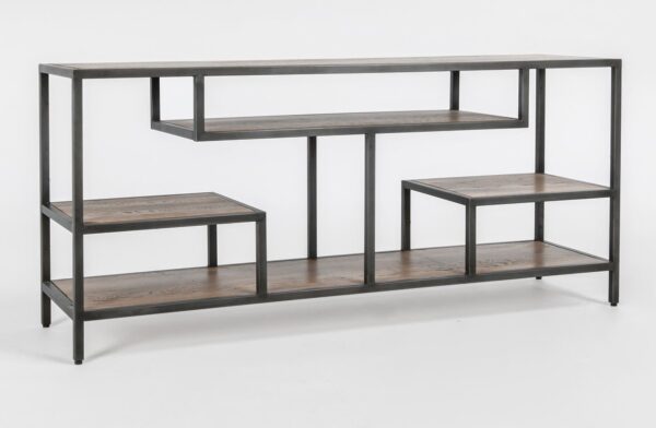 Open media console with iron frame and oak shelves