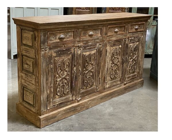 Teak cabinet with carved doors and 4 top drawers
