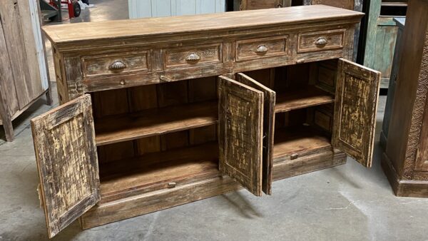 Teak cabinet with carved doors and 4 top drawers, open doors