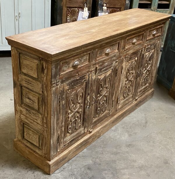 Teak cabinet with carved doors and 4 top drawers, overhead