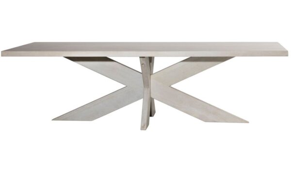 Long, light grey dining table with X-shape pedestal base, front view