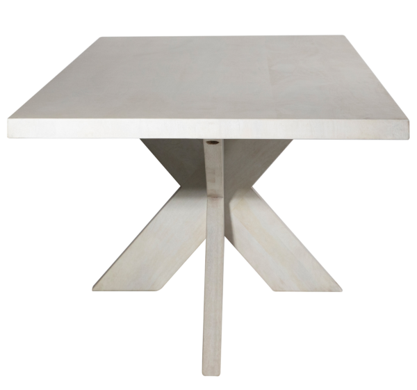Long, light grey dining table with X-shape pedestal base, profile