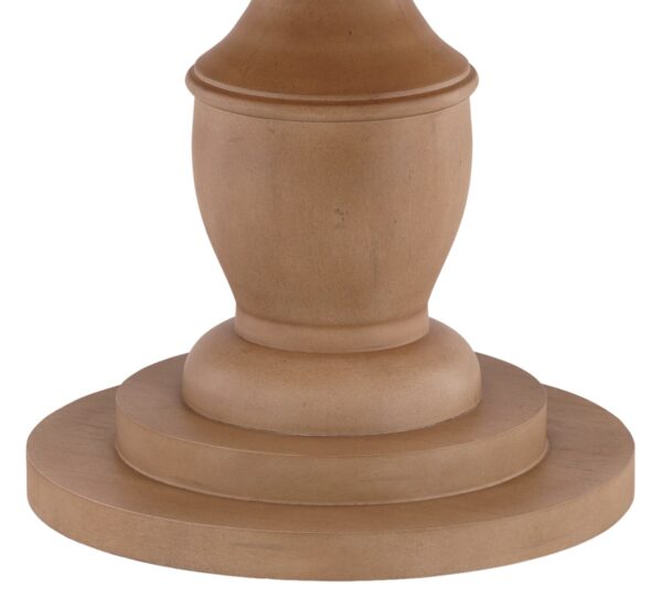 Solid wood round pedestal dining table in natural color, pedestal detail