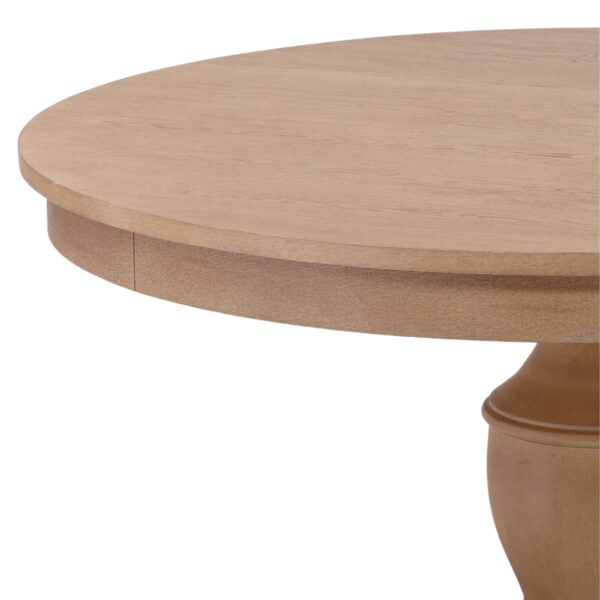 Solid wood round pedestal dining table in natural color, top detail
