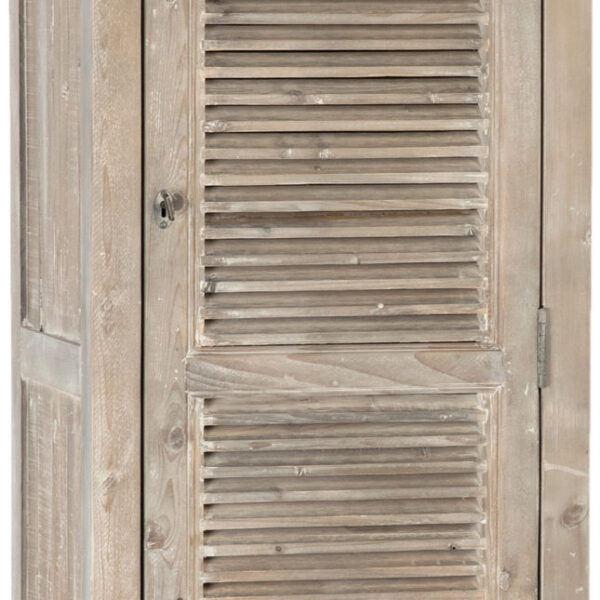 Tall grey wash cabinet with shutter doors and shelves, detail