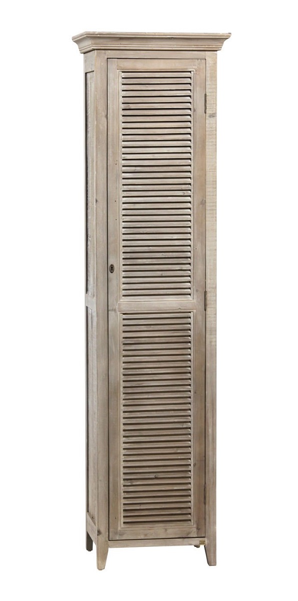 Tall grey wash cabinet with shutter doors and shelves