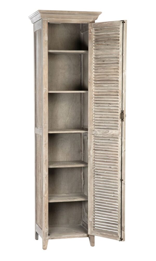 Tall grey wash cabinet with shutter doors and shelves, interior view