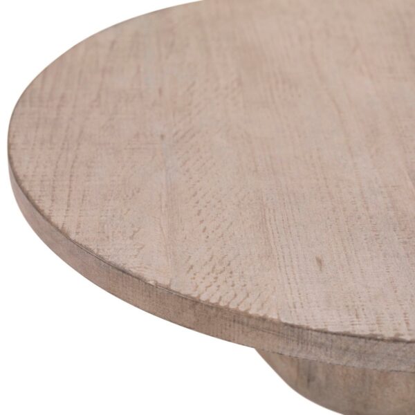 Round light color wood coffee table with round base, detail