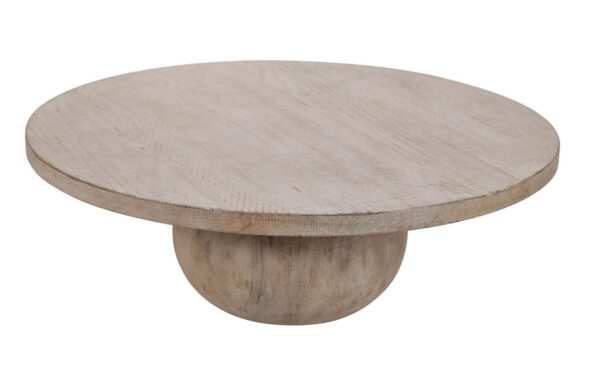 Round light color wood coffee table with round base, view of top