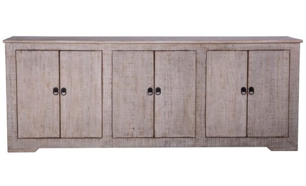 Natural reclaimed wood console cabinet with 6 doors, front view
