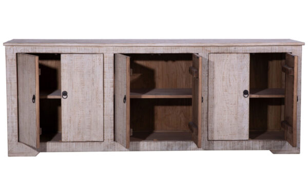 Natural reclaimed wood console cabinet with 6 doors, open