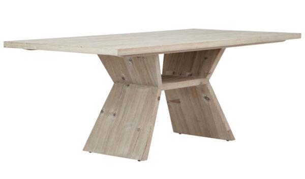 Large pine wood dining table with light finish, side view