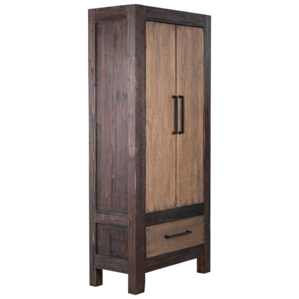 Tall dark brown wardrobe cabinet with 2 doors and bottom drawer, side