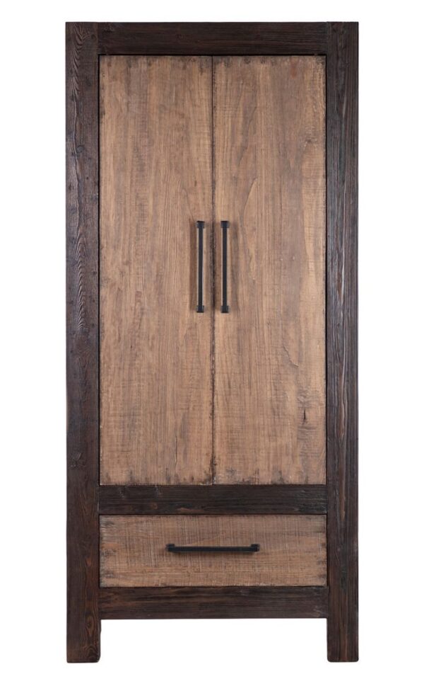 Tall dark brown wardrobe cabinet with 2 doors and bottom drawer, front
