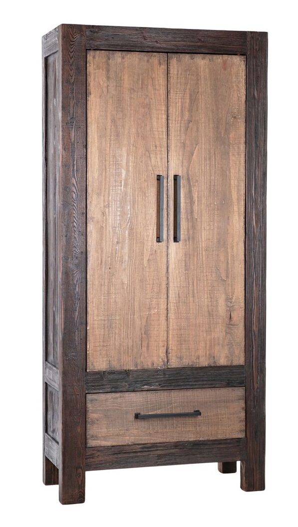 Tall dark brown wardrobe cabinet with 2 doors and bottom drawer