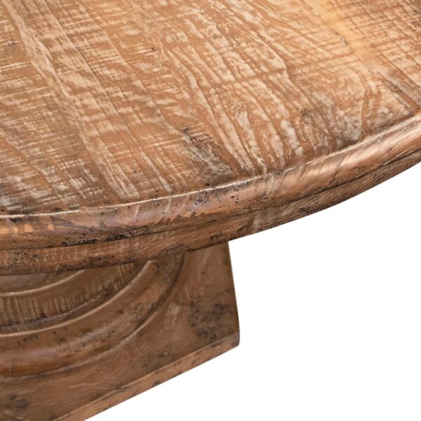 Round pedestal dining table with rustic wood finish, detail