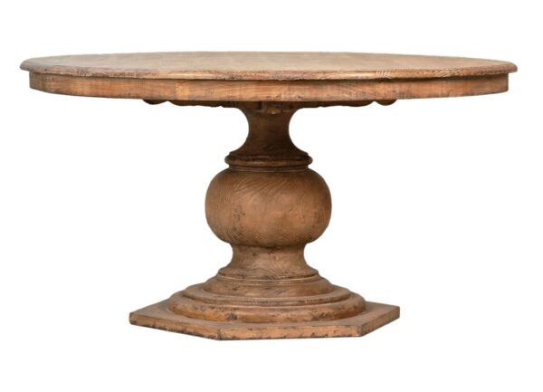 Round pedestal dining table with rustic wood finish