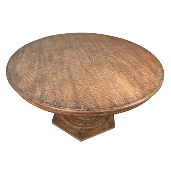 Round pedestal dining table with rustic wood finish, top view