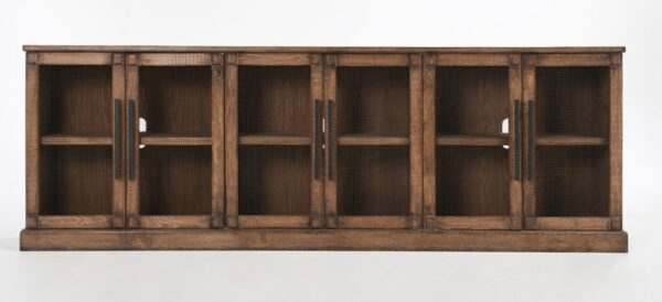 Long media console with mesh doors, front