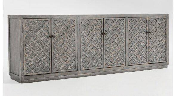 Large sideboard media console with geometric design and antiqued blue grey paint