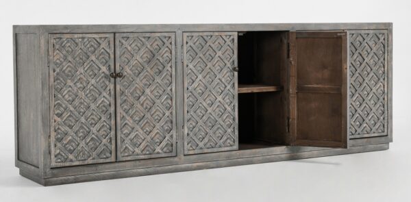 Large sideboard media console with geometric design and antiqued blue grey paint, open