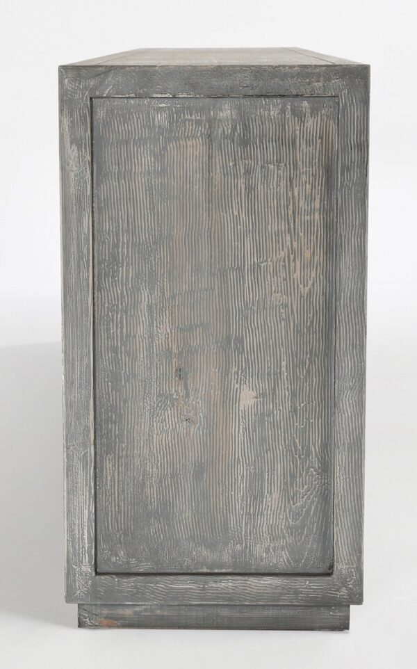 Large sideboard media console with geometric design and antiqued blue grey paint, profile