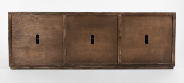 Large sideboard media console with geometric design and antiqued blue grey paint, back