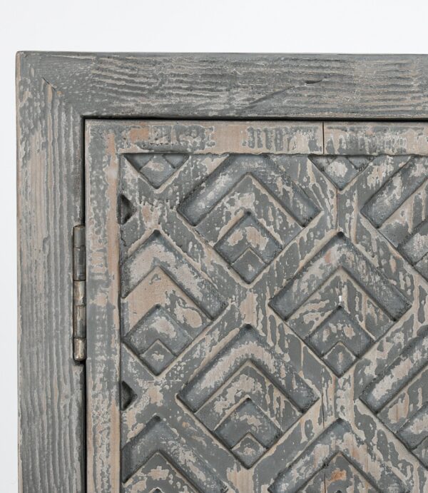 Large sideboard media console with geometric design and antiqued blue grey paint, detail