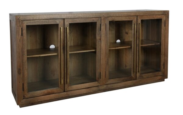 Dark wood media console with glass doors