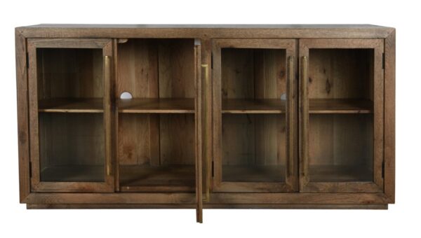 Dark wood media console with glass doors, front