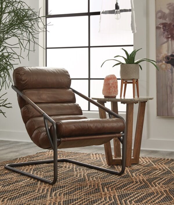 Brown leather chair with iron frame