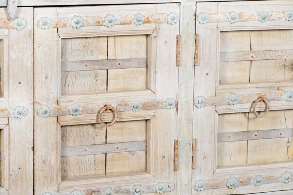 Large rustic white cabinet with ironwork, detail