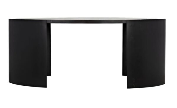 Dark walnut and steel oval desk with round legs by Noir, front