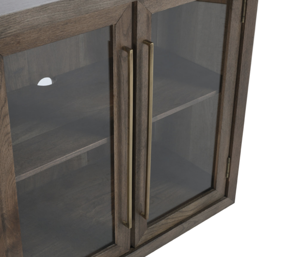 4 door glass cabinet in dark brown with interior shelf, detail